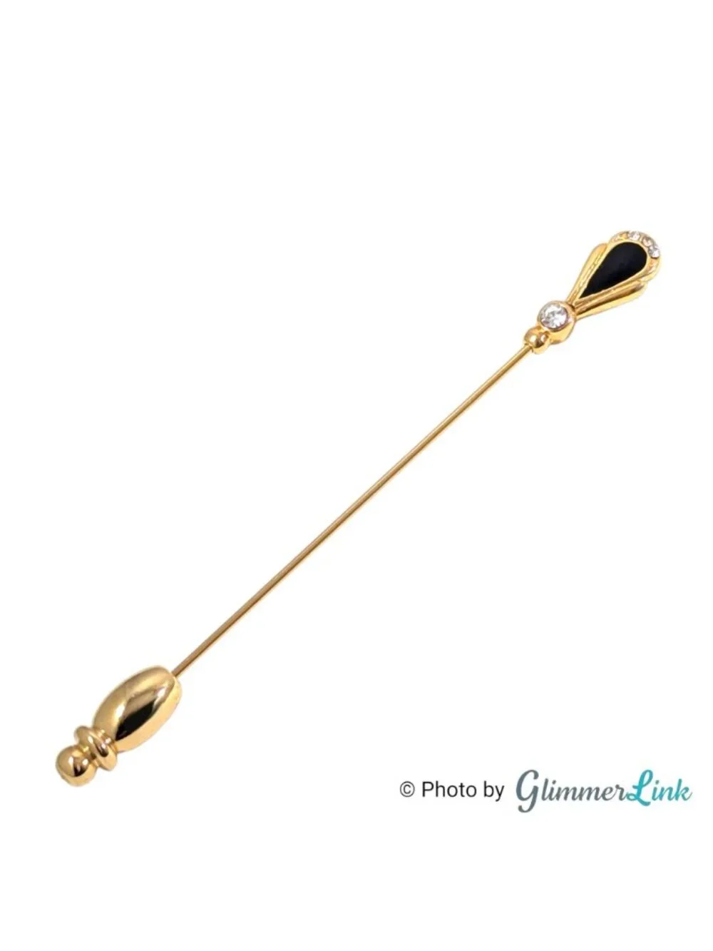 Vintage Gold Tone Black & Clear Rhinestone Art Deco Style Stick Pin